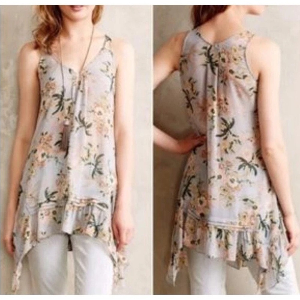 Maeve Floral Ruffle-Hem Sleeveless Sheer Tunic in Light Gray